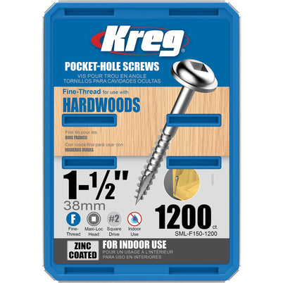 Kreg Pocket Hole Screws - 38mm Fine/MaxiLoc Head - Zinc - 1200 pack