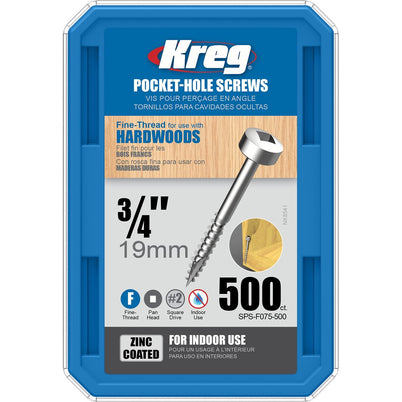 Kreg Pocket Hole Screws - 19mm Fine/Pan Head - Zinc - 500 pack